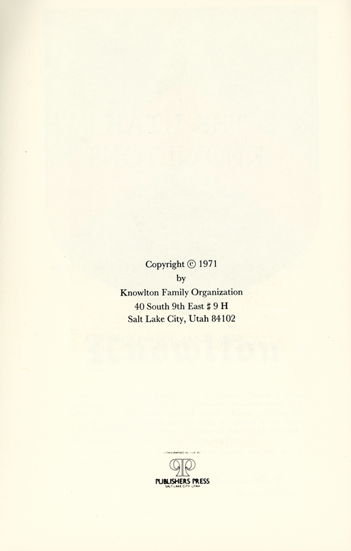 Copyright page from the original publication of The Utah Knowltons